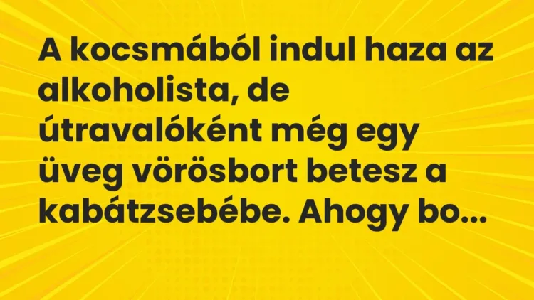 Vicc: A kocsmából indul haza az alkoholista, de útravalóként még egy üveg vörösbort… Vicc: A kocsmából indul haza az alkoholista, de útravalóként még egy üveg vörösbort…