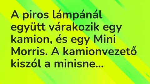 Vicc: A piros lámpánál együtt várakozik egy kamion, és egy Mini Morris. A kamionvezető…