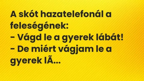 Vicc: A skót hazatelefonál a feleségének:

– Vágd le a gyerek lábát!

– De…