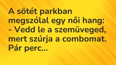 Vicc: A sötét parkban megszólal egy női hang:

– Vedd le a szemüveged, mert szúrja…