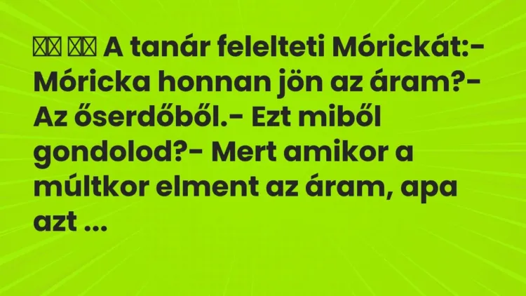 Vicc:
A tanár felelteti Mórickát:- Móricka honnan jön az… Vicc:
A tanár felelteti Mórickát:- Móricka honnan jön az…