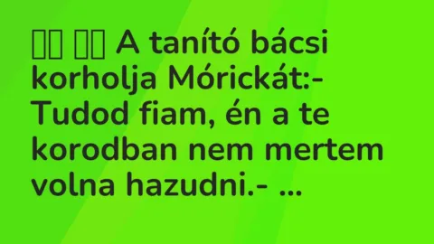 Vicc: 
		  
		  A tanító bácsi korholja Mórickát:- Tudod fiam, én a te …