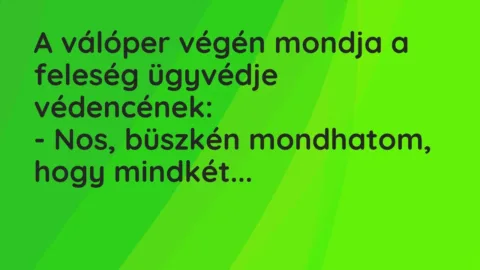 Vicc: A válóper végén mondja a feleség ügyvédje védencének:

– Nos, büszkén…
