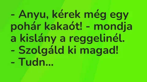 Vicc: – Anyu, kérek még egy pohár kakaót! – mondja a kislány a reggelinél.

-…