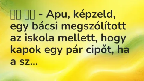 Vicc: 
		  
		  – Apu, képzeld, egy bácsi megszólított az iskola mellett,…