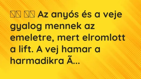 Vicc: 
		  
		  Az anyós és a veje gyalog mennek az emeletre, mert…