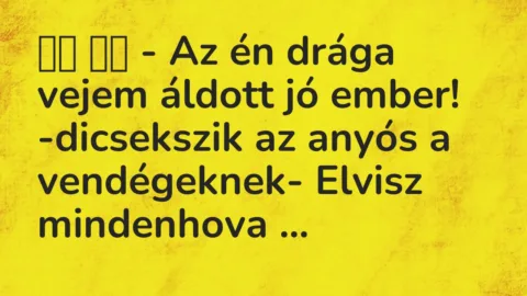 Vicc: 
		  
		  – Az én drága vejem áldott jó ember! -dicsekszik az anyós a…
