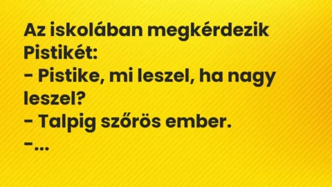 Vicc: Az iskolában megkérdezik Pistikét:

– Pistike, mi leszel, ha nagy…