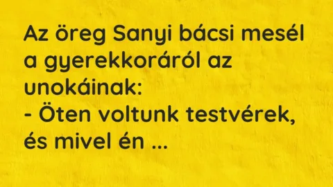 Vicc: Az öreg Sanyi bácsi mesél a gyerekkoráról az unokáinak:

– Öten voltunk…