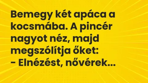 Vicc: Bemegy két apáca a kocsmába. A pincér nagyot néz, majd megszólítja őket:

-…