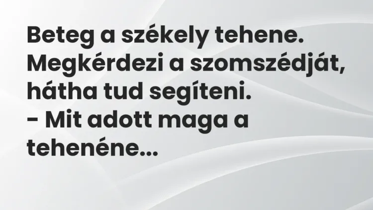 Vicc: Beteg a székely tehene. Megkérdezi a szomszédját, hátha tud segíteni.
– Mit… Vicc: Beteg a székely tehene. Megkérdezi a szomszédját, hátha tud segíteni.
– Mit…