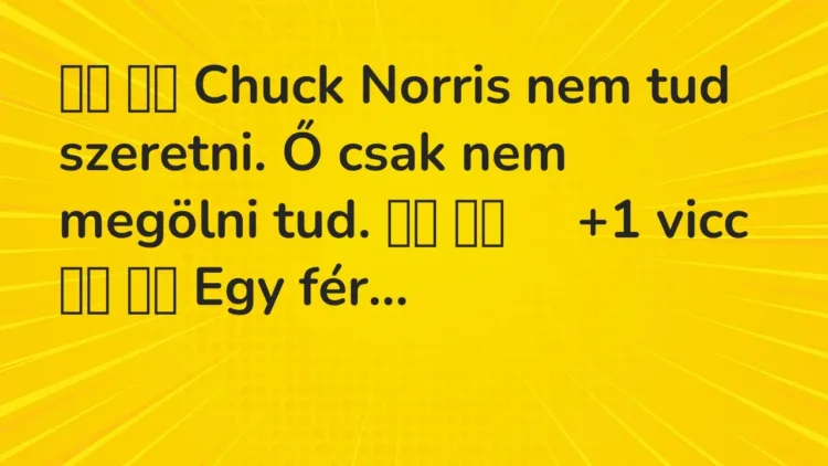 Vicc:
Chuck Norris nem tud szeretni. Ő csak nem megölni tud…. Vicc:
Chuck Norris nem tud szeretni. Ő csak nem megölni tud….