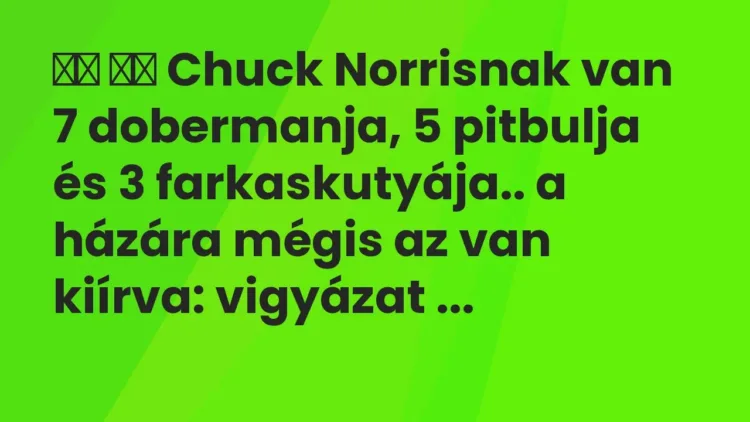 Vicc:
Chuck Norrisnak van 7 dobermanja, 5 pitbulja és 3… Vicc:
Chuck Norrisnak van 7 dobermanja, 5 pitbulja és 3…