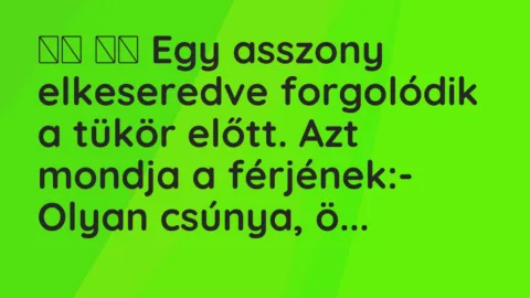 Vicc: 
		  
		  Egy asszony elkeseredve forgolódik a tükör előtt. Azt mondj…