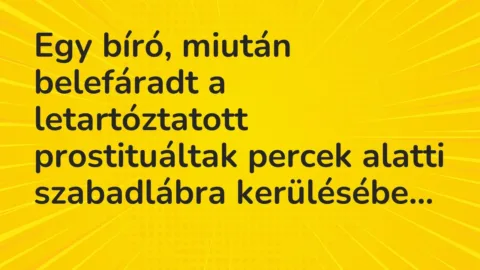 Vicc: Egy bíró, miután belefáradt a letartóztatott prostituáltak percek alatti…