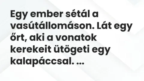 Vicc: Egy ember sétál a vasútállomáson. Lát egy őrt, aki a vonatok kerekeit ütögeti…