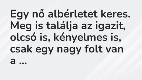 Vicc: Egy nő albérletet keres. Meg is találja az igazit, olcsó is, kényelmes is, csak…