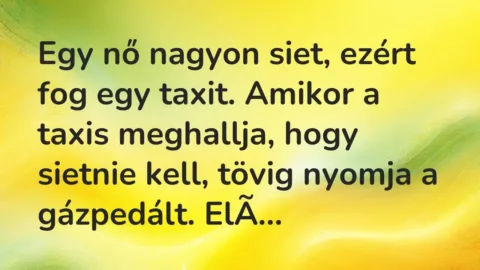 Vicc: Egy nő nagyon siet, ezért fog egy taxit. Amikor a taxis meghallja, hogy sietnie…