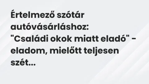 Vicc: Értelmező szótár autóvásárláshoz:

„Családi okok miatt eladó” – eladom,…