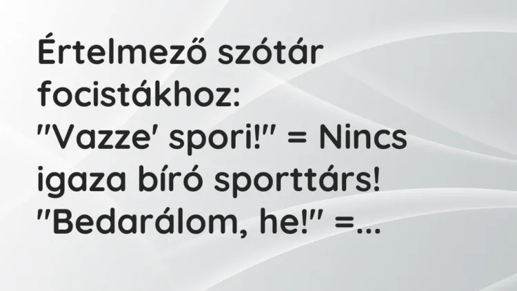 Vicc: Értelmező szótár focistákhoz:
“Vazze’ spori!” = Nincs igaza bíró… Vicc: Értelmező szótár focistákhoz:
“Vazze’ spori!” = Nincs igaza bíró…