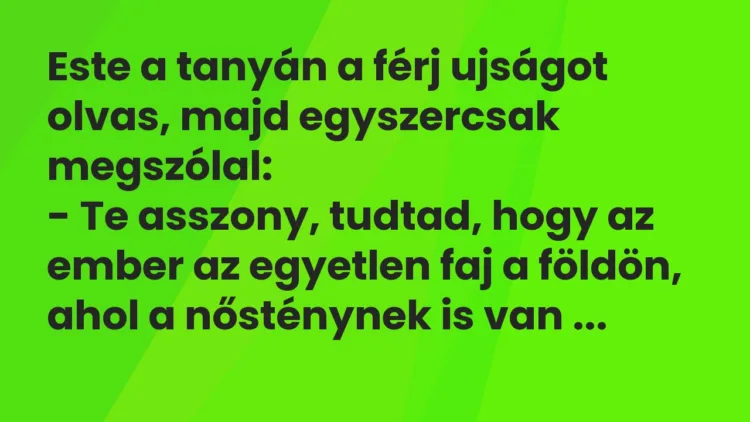 Vicc: Este a tanyán a férj ujságot olvas, majd egyszercsak megszólal:
– Te… Vicc: Este a tanyán a férj ujságot olvas, majd egyszercsak megszólal:
– Te…