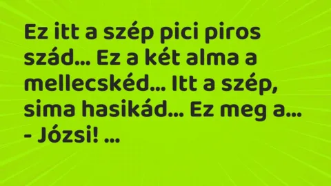 Vicc: Ez itt a szép pici piros szád… Ez a két alma a mellecskéd… Itt a szép, sima…