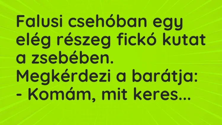 Vicc: Falusi csehóban egy elég részeg fickó kutat a zsebében. Megkérdezi a… Vicc: Falusi csehóban egy elég részeg fickó kutat a zsebében. Megkérdezi a…