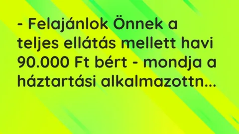 Vicc: – Felajánlok Önnek a teljes ellátás mellett havi 90.000 Ft bért – mondja a…