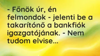 Vicc: – Főnök úr, én felmondok – jelenti be a takarítónő a bankfiók igazgatójának. -…