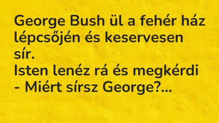 Vicc: George Bush ül a fehér ház lépcsőjén és keservesen sír.
Isten lenéz rá és… Vicc: George Bush ül a fehér ház lépcsőjén és keservesen sír.
Isten lenéz rá és…