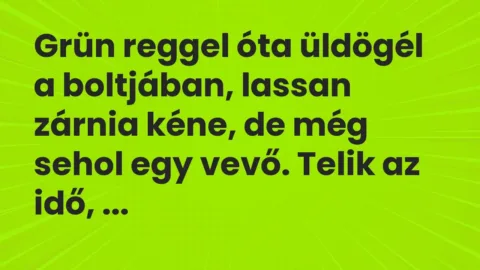 Vicc: Grün reggel óta üldögél a boltjában, lassan zárnia kéne, de még sehol egy vevő….