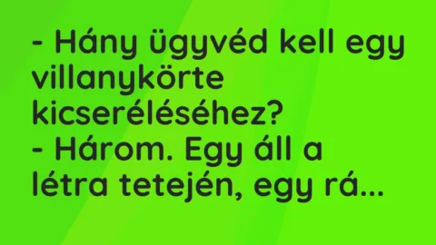 Vicc: – Hány ügyvéd kell egy villanykörte kicseréléséhez?

– Három. Egy áll a…
