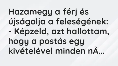Vicc: Hazamegy a férj és újságolja a feleségének:

– Képzeld, azt hallottam, hogy…