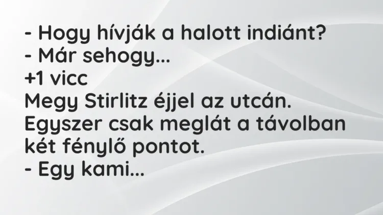 Vicc: – Hogy hívják a halott indiánt?
– Már sehogy… Vicc: – Hogy hívják a halott indiánt?
– Már sehogy…