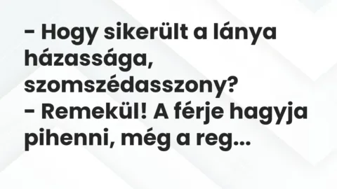Vicc: – Hogy sikerült a lánya házassága, szomszédasszony?

– Remekül! A férje…