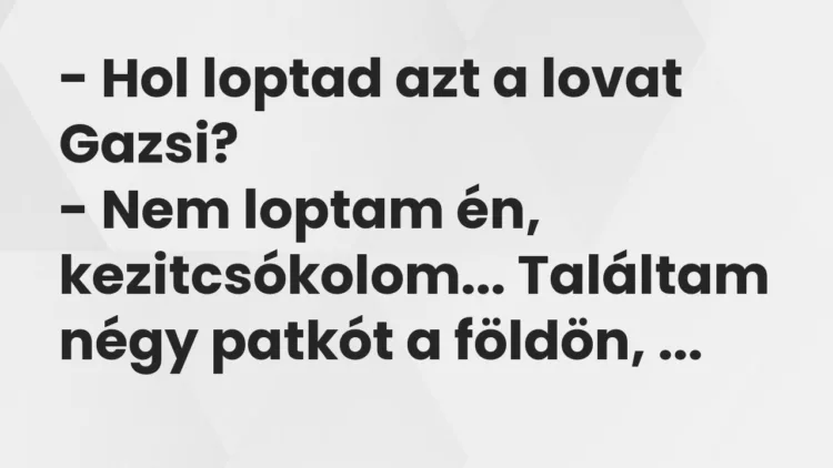 Vicc: – Hol loptad azt a lovat Gazsi?
– Nem loptam én, kezitcsókolom… Találtam… Vicc: – Hol loptad azt a lovat Gazsi?
– Nem loptam én, kezitcsókolom… Találtam…