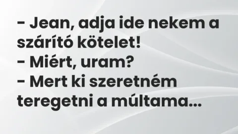 Vicc: – Jean, adja ide nekem a szárító kötelet!

– Miért, uram?

– Mert ki…
