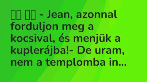 Vicc: 
		  
		  – Jean, azonnal forduljon meg a kocsival, és menjük a…