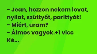 Vicc: – Jean, hozzon nekem lovat, nyilat, szüttyőt, parittyát! – Miért,…