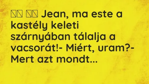 Vicc: 
		  
		  Jean, ma este a kastély keleti szárnyában tálalja a…