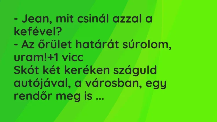 Vicc: – Jean, mit csinál azzal a kefével?
– Az őrület határát súrolom, uram! Vicc: – Jean, mit csinál azzal a kefével?
– Az őrület határát súrolom, uram!