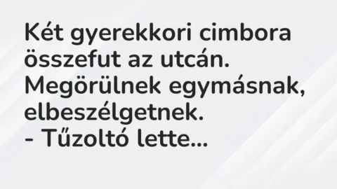 Vicc: Két gyerekkori cimbora összefut az utcán. Megörülnek egymásnak,…