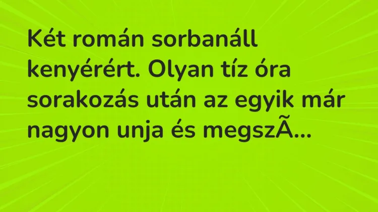 Vicc: Két román sorbanáll kenyérért. Olyan tíz óra sorakozás után az egyik már nagyon… Vicc: Két román sorbanáll kenyérért. Olyan tíz óra sorakozás után az egyik már nagyon…