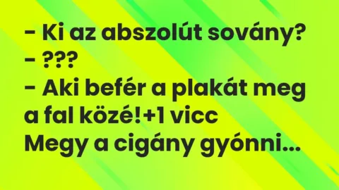 Vicc: – Ki az abszolút sovány?

– ???

– Aki befér a plakát meg a fal közé!