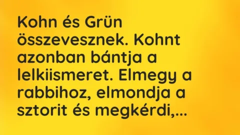 Vicc: Kohn és Grün összevesznek. Kohnt azonban bántja a lelkiismeret. Elmegy a…