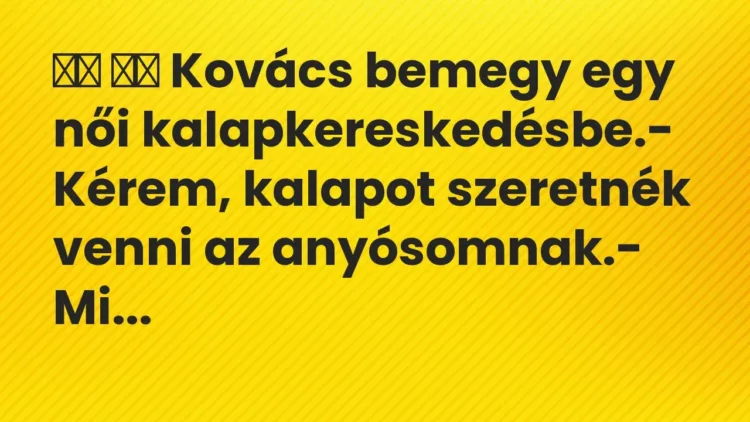 Vicc:
Kovács bemegy egy női kalapkereskedésbe.- Kérem,… Vicc:
Kovács bemegy egy női kalapkereskedésbe.- Kérem,…
