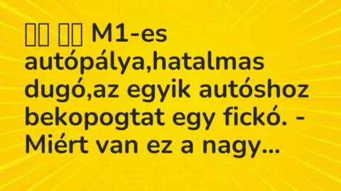 Vicc: 
		  
		  M1-es autópálya,hatalmas dugó,az egyik autóshoz bekopogtat …