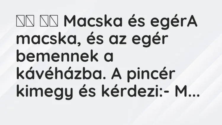 Vicc:
Macska és egérA macska, és az egér bemennek a… Vicc:
Macska és egérA macska, és az egér bemennek a…