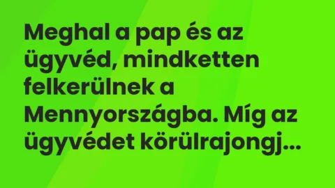 Vicc: Meghal a pap és az ügyvéd, mindketten felkerülnek a Mennyországba. Míg az…