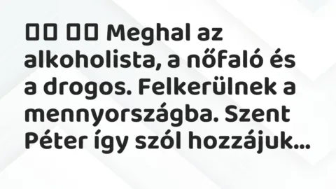 Vicc: 
		  
		  Meghal az alkoholista, a nőfaló és a drogos. Felkerülnek a …